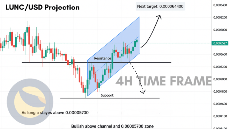 The LUNC/USDT 4H chart’s technical pattern