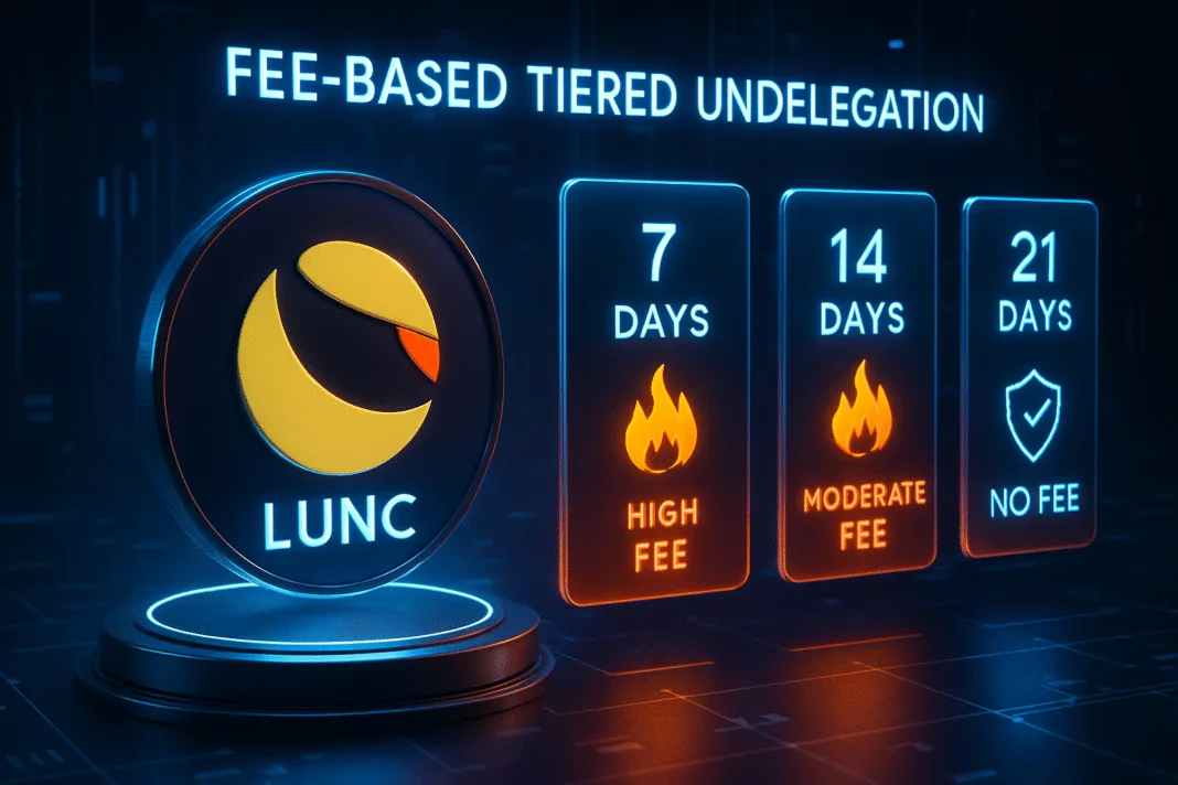 3D image showing LUNC coin with tiered undelegation options: 7-day high-fee, 14-day moderate-fee, and 21-day no-fee staking periods, visualized on futuristic panels.