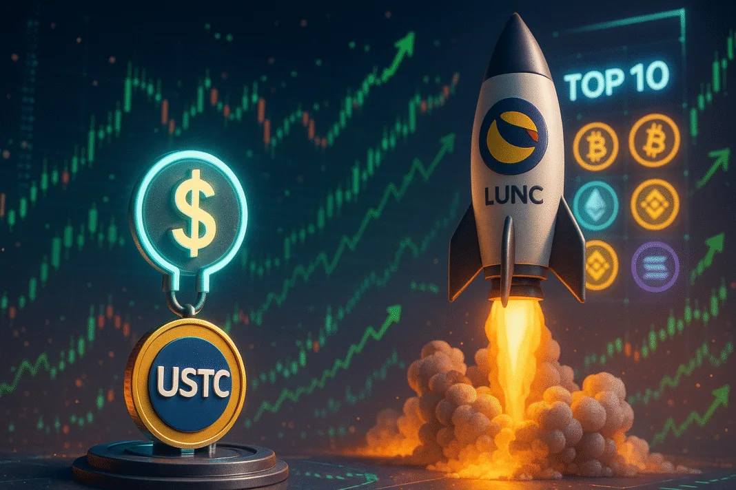 Illustration of Terra Luna Classic (LUNC) and USTC coins with a rising graph, symbolizing the potential price surge and top 10 crypto ranking through USTC repegging efforts.