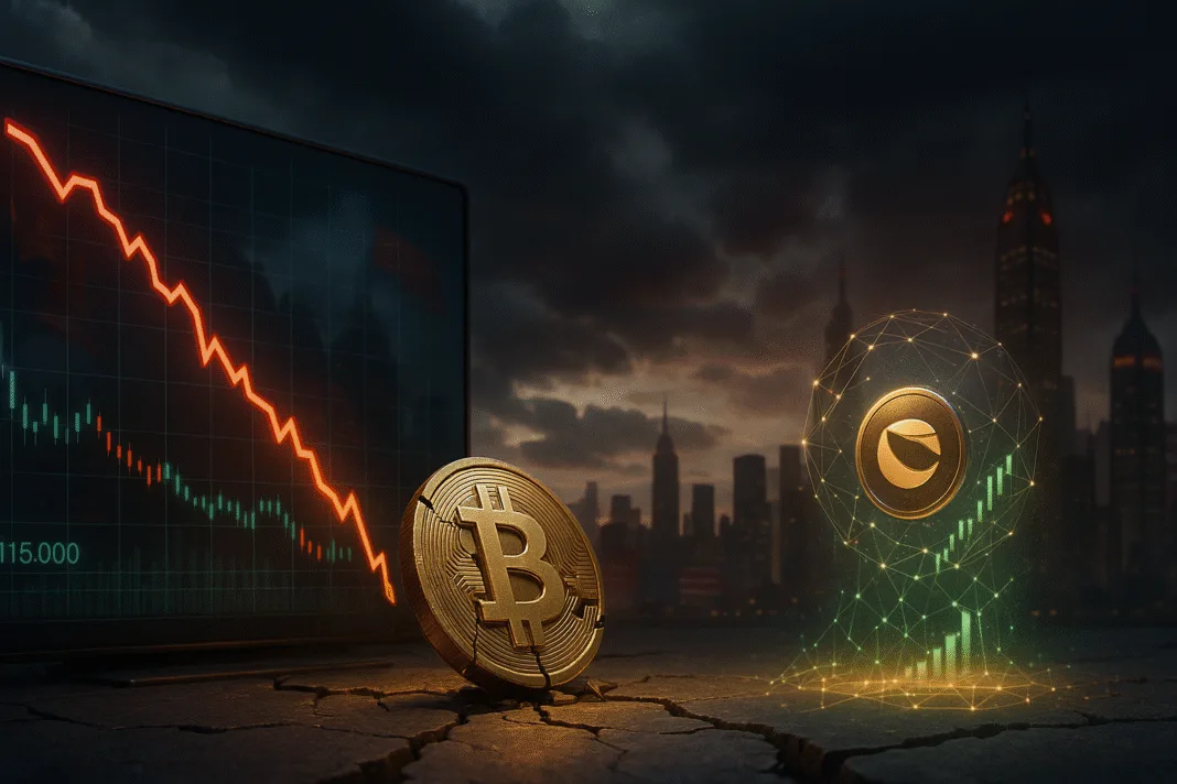 3D image of a cracked Bitcoin coin dropping in value with a falling red chart, while Terra Classic (LUNC) rises through a glowing digital blockchain in a futuristic city setting.