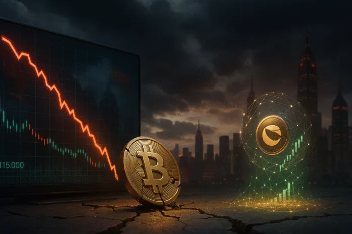 3D image of a cracked Bitcoin coin dropping in value with a falling red chart, while Terra Classic (LUNC) rises through a glowing digital blockchain in a futuristic city setting.