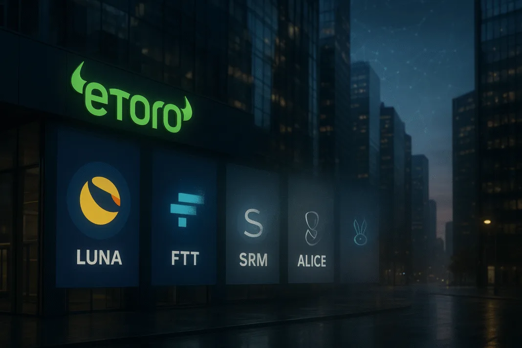 eToro logo with text overlay announcing the delisting of Luna, LUNC, FTT, SRM, and ALICE cryptocurrencies from the platform starting August 2025.