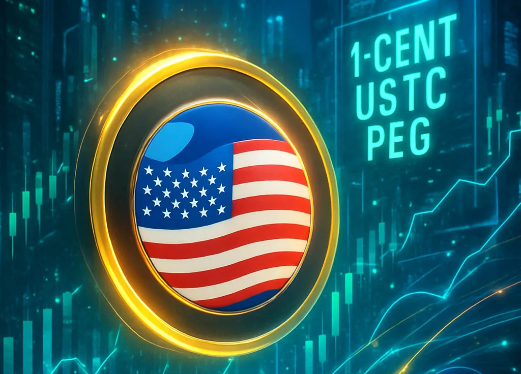 Illustration of TerraClassic blockchain with LUNC and USTC tokens showing a 1 cent peg and decentralized finance ecosystem