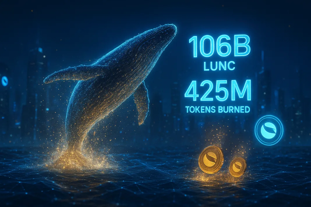 Terra Classic blockchain with LUNC tokens being burned and staked, highlighting whale activity and validator growth.