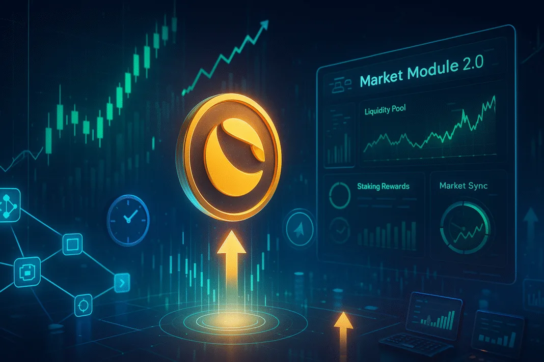 Illustration of Terra Luna Classic (LUNC) logo with Market Module 2.0 upgrade concept, symbolizing cryptocurrency investment growth.