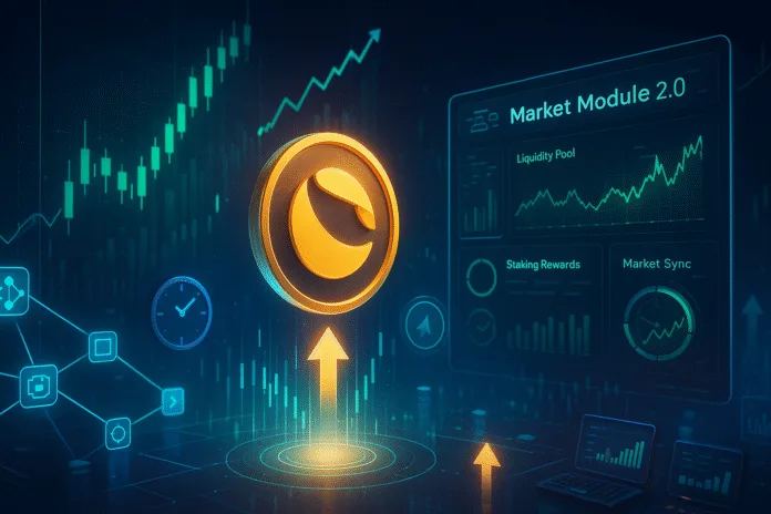 Illustration of Terra Luna Classic (LUNC) logo with Market Module 2.0 upgrade concept, symbolizing cryptocurrency investment growth.