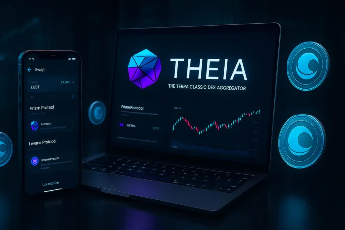Theia – Terra Classic DEX Aggregator Boosting LUNC’s Revival 3D dark-themed scene of Theia logo on mobile and computer screens, displaying the Terra Classic DEX aggregator interface with multiple LUNC trading projects connected.