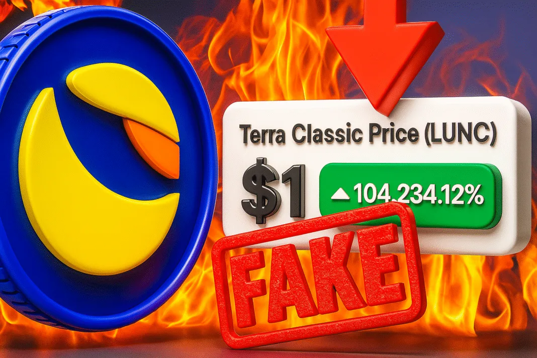 Terra Classic (LUNC) coin with $1 price display, green percentage gain, red arrows, and red FAKE stamp over fiery background.