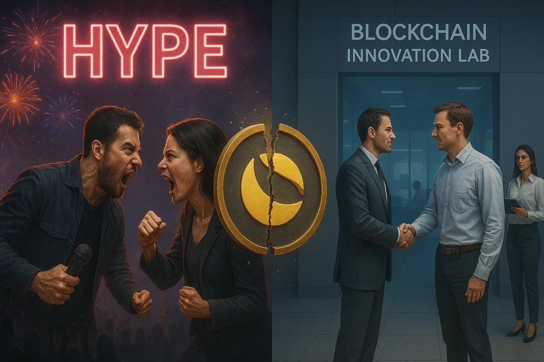 Split-screen scene showing two people angrily arguing under a “HYPE” sign on the left, and two businessmen shaking hands in a blockchain innovation lab on the right, with a cracked Luna Classic coin in the center.