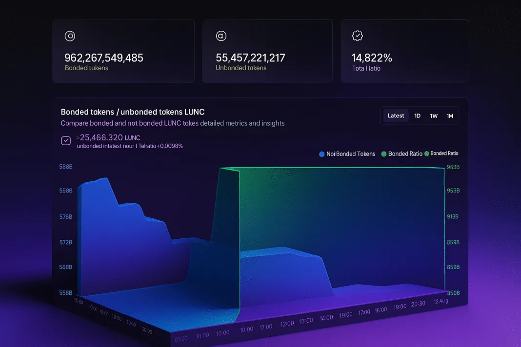 LUNC token analytics dashboard showing bonded vs unbonded tokens over 24 hours.