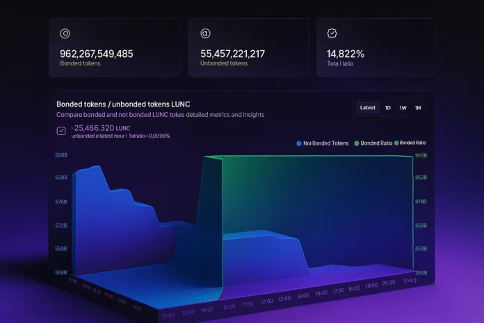 LUNC token analytics dashboard showing bonded vs unbonded tokens over 24 hours.