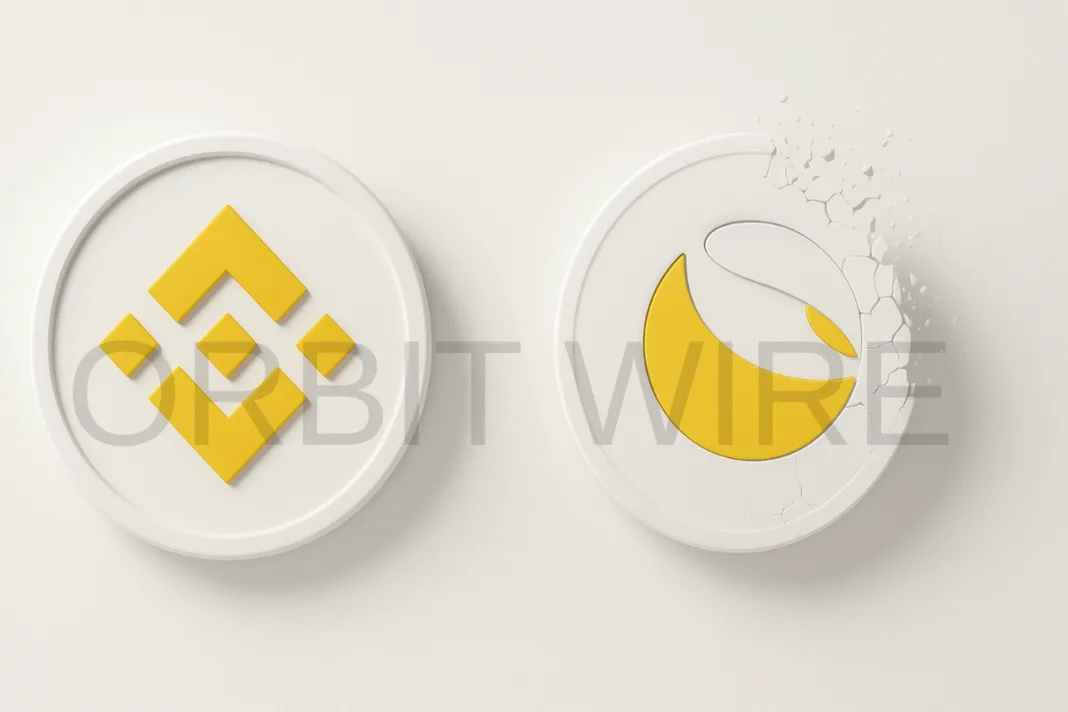 3D white minimalist design showing a Binance coin and a Terra Classic (LUNC) coin dissolving into particles.