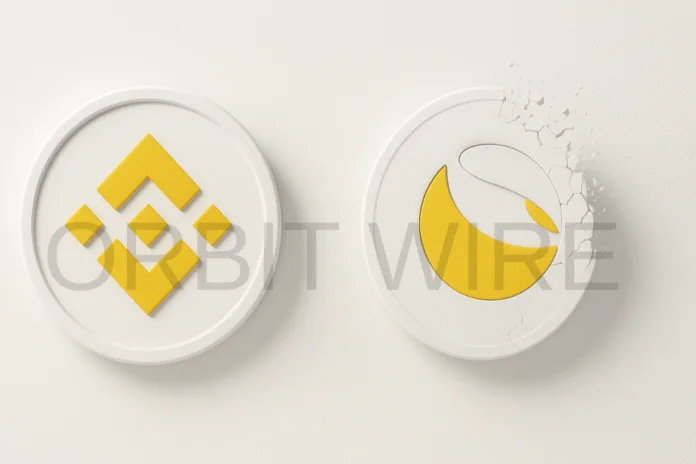 3D white minimalist design showing a Binance coin and a Terra Classic (LUNC) coin dissolving into particles.