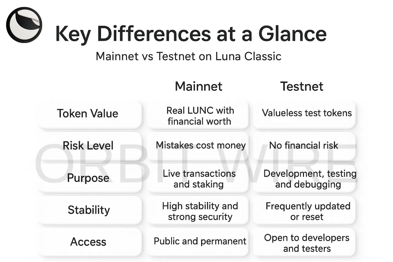 table comparing Mainnet vs Testnet on Luna Classic, showing differences in token value, risk level, purpose, stability, and access