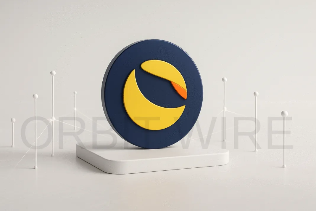 3D ultra-realistic minimalist landscape with a glossy Terra Luna Classic (LUNC) logo on a white platform, surrounded by abstract pillars connected with glowing lines.