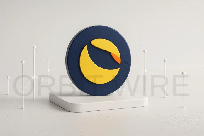 3D ultra-realistic minimalist landscape with a glossy Terra Luna Classic (LUNC) logo on a white platform, surrounded by abstract pillars connected with glowing lines.