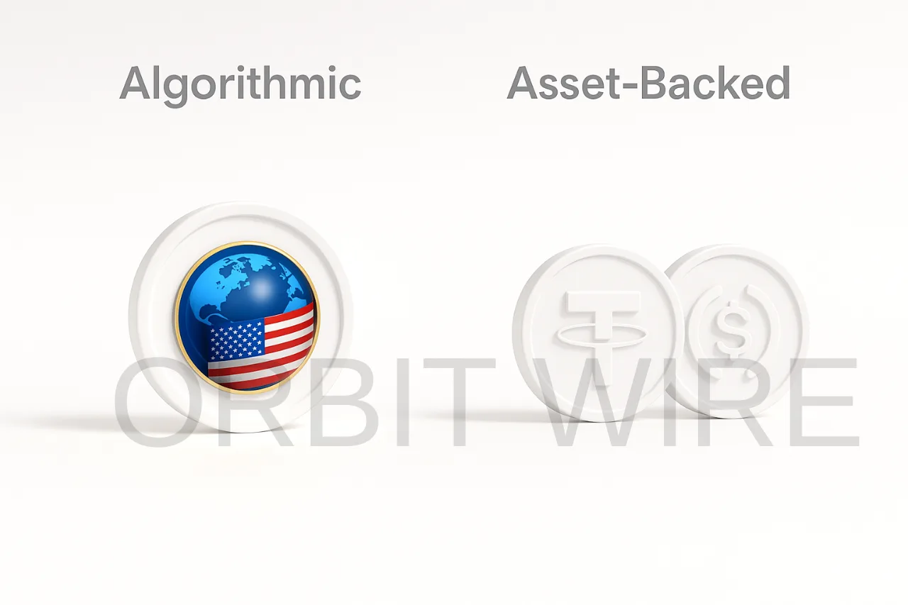 Ultra-realistic 3D rendering showing a USTC coin labeled “Algorithmic” separated from two white embossed coins labeled “Asset-Backed” (USDT and USDC), on a bright minimalist background.