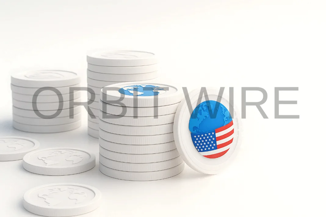3D UTSC coins, one dissolving into glowing particles on a polished white surface.