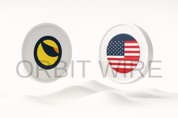 image of two glossy coins, one with the LUNC logo and one with USTC logo, floating in balance on a white background.