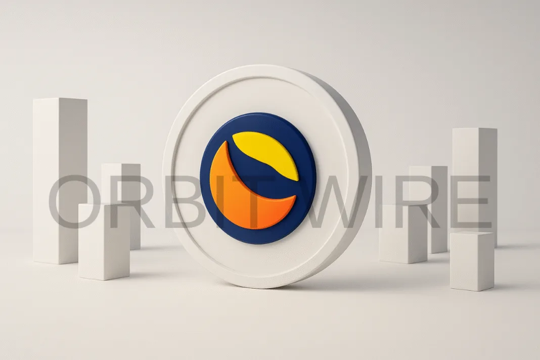 LUNC coin at the center, surrounded by abstract structures symbolizing blockchain staking.