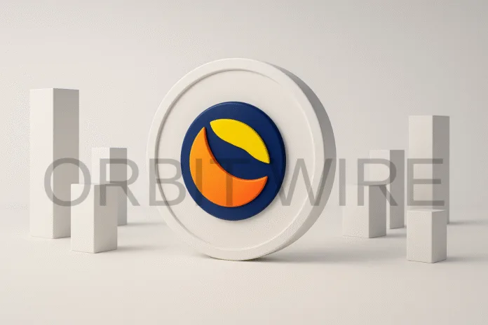 LUNC coin at the center, surrounded by abstract structures symbolizing blockchain staking.