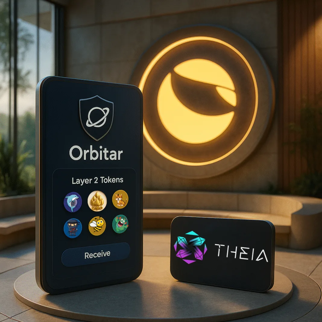 3D-rendered scene of Orbitar wallet and Theia DEX displays in a modern circular room with a glowing LUNC logo on the wall, showcasing Layer 2 token support.