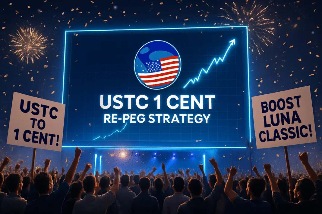 Concept image showing Terra Classic revival with USTC re-pegged to 1 cent, symbolizing growth and LUNC empowerment.