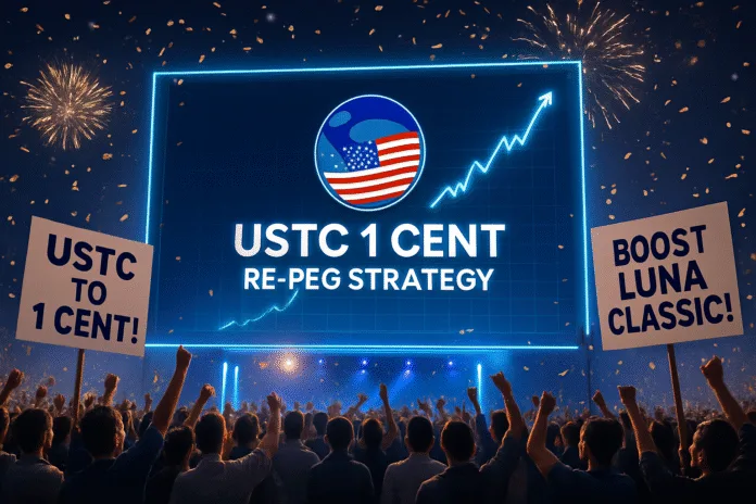 Reviving Terra Classic: USTC 1 Cent Re-Peg Strategy to Boost Luna Classic Concept image showing Terra Classic revival with USTC re-pegged to 1 cent, symbolizing growth and LUNC empowerment.