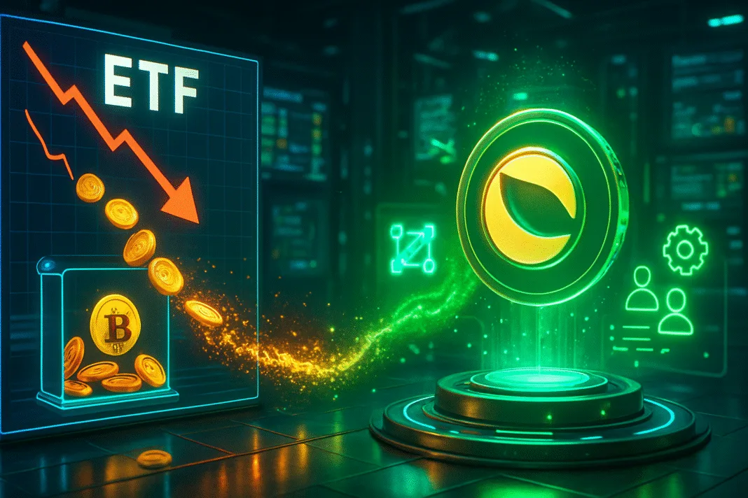 Digital chart showing Bitcoin ETF outflows with LUNC and Terra Classic logos, highlighting market shifts and stagflation concerns.