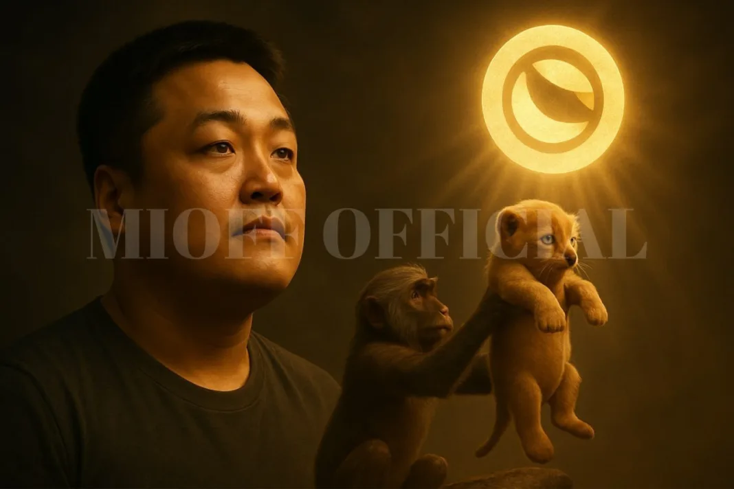 Cinematic artwork featuring Do Kwon standing beside a baboon lifting a lion cub beneath a glowing Terra Classic (LUNC) logo in the sky