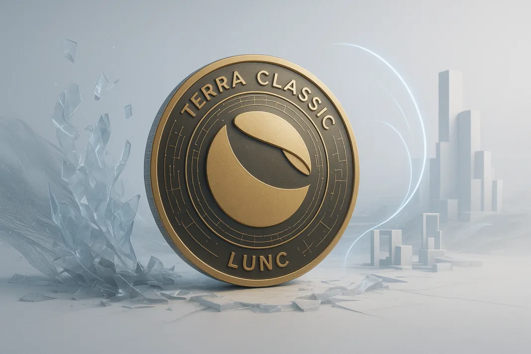 3D realistic Terra Classic LUNC coin representing the impact of the UST depeg and community response