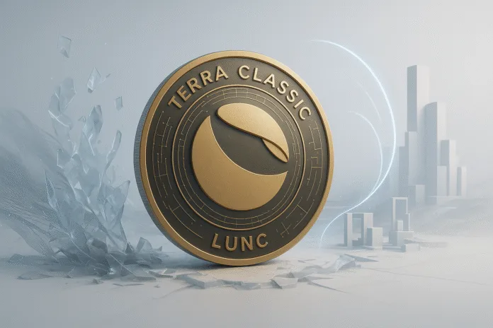 3D realistic Terra Classic LUNC coin representing the impact of the UST depeg and community response