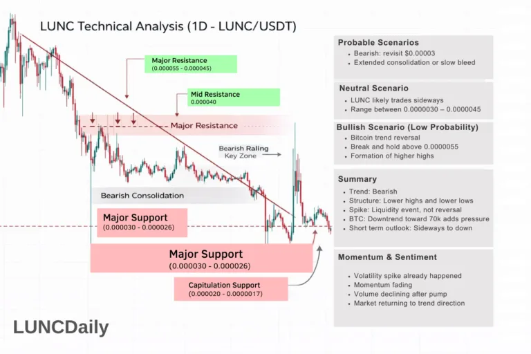LUNC Price Analysis: Bearish Structure Persists as Bitcoin Trends Toward 70K
