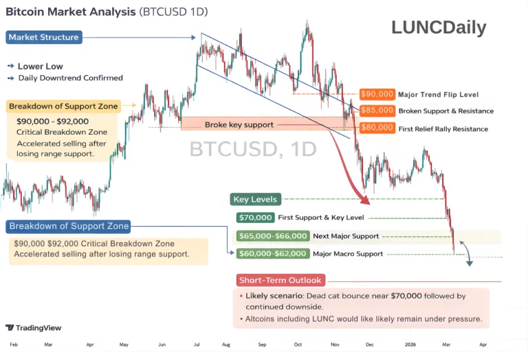 Bitcoin Drops Toward 70K, Red Alert for LUNC