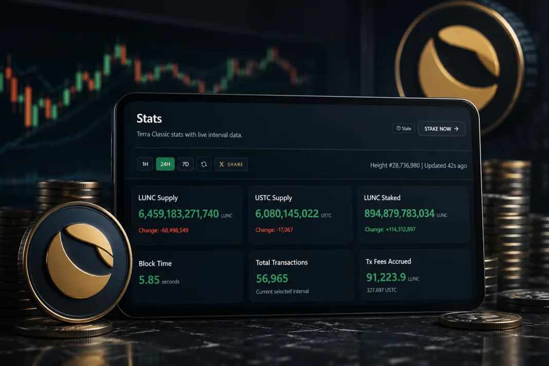 Explore the latest Terra Classic (LUNC) statistics, including supply changes, staking growth, transaction volume, and network performance insights.
