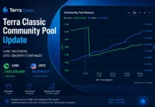 Terra Classic Community Pool Shows Strong Activity as LUNC and USTC Balances Shift Terra Classic community pool balance chart showing LUNC drop and recovery with steady USTC growth