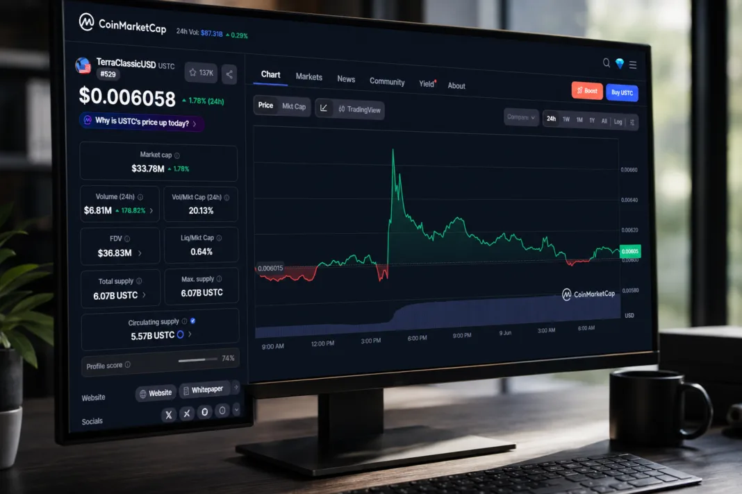 USTC price chart showing 1.78 percent gain with strong trading volume growth on Terra Classic ecosystem.