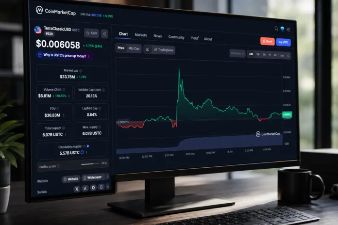 USTC price chart showing 1.78 percent gain with strong trading volume growth on Terra Classic ecosystem.