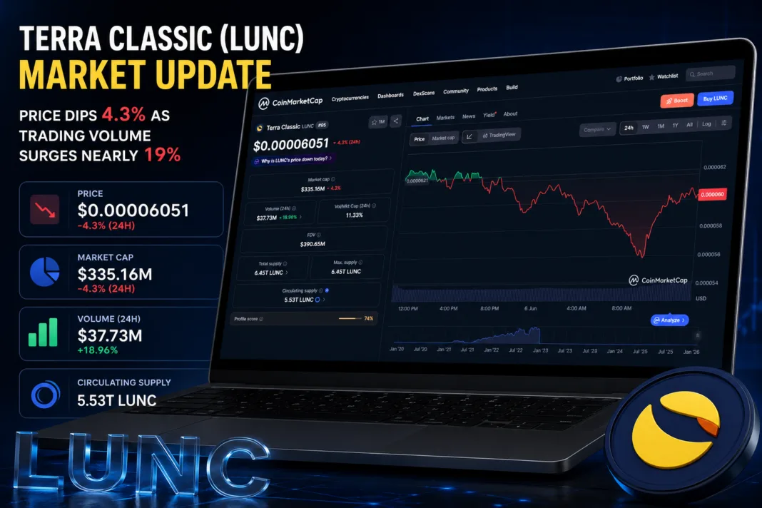 Terra Classic LUNC chart showing price at $0.00006051 with increased trading volume and market cap statistics.