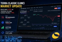 Terra Classic (LUNC) Faces Short-Term Pressure Despite Strong Trading Activity Terra Classic LUNC chart showing price at $0.00006051 with increased trading volume and market cap statistics.