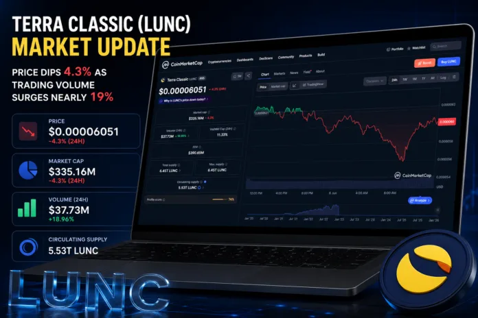 Terra Classic LUNC Market Analysis and Price Performance Terra Classic LUNC chart showing price at $0.00006051 with increased trading volume and market cap statistics.