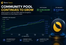 Terra Classic Community Pool Exceeds 8.28 Billion LUNC as Treasury Continues Growing Terra Classic Community Pool dashboard showing 8.28 billion LUNC and 61.8 million USTC treasury balances with upward growth trend.