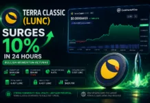 Terra Classic (LUNC) Surges Nearly 10% as Bullish Momentum Builds Terra Classic LUNC price chart showing a nearly 10 percent increase over 24 hours with rising market capitalization and bullish momentum.
