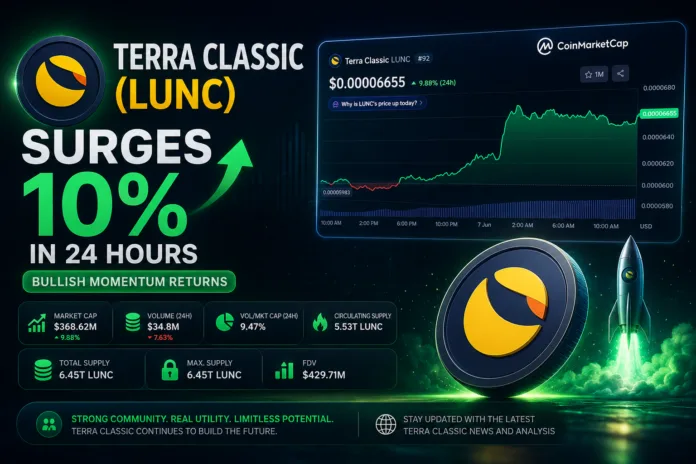 Terra Classic LUNC price chart showing a nearly 10 percent increase over 24 hours with rising market capitalization and bullish momentum.