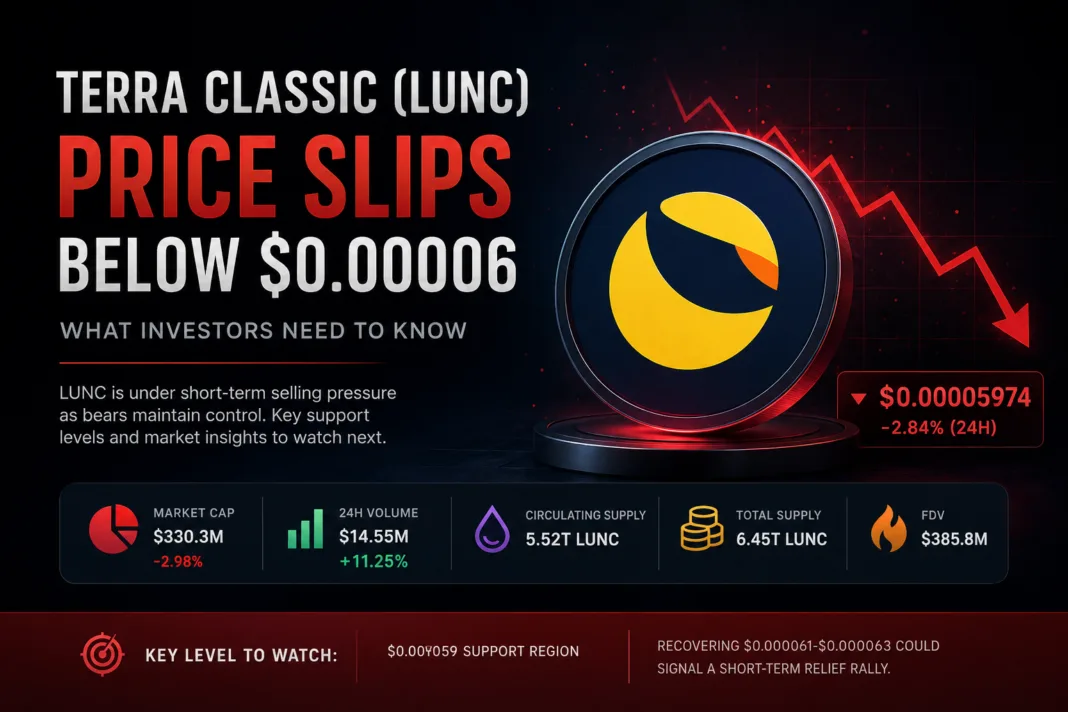Terra Classic (LUNC) price chart showing a decline below $0.00006 with increased trading volume and bearish short-term market sentiment.