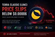 Terra Classic (LUNC) Price Drops Below $0.00006 – Market Analysis and Outlook Terra Classic (LUNC) price chart showing a decline below $0.00006 with increased trading volume and bearish short-term market sentiment.
