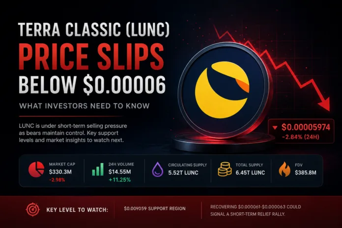 Terra Classic LUNC Price Chart June 2026 Terra Classic (LUNC) price chart showing a decline below $0.00006 with increased trading volume and bearish short-term market sentiment.